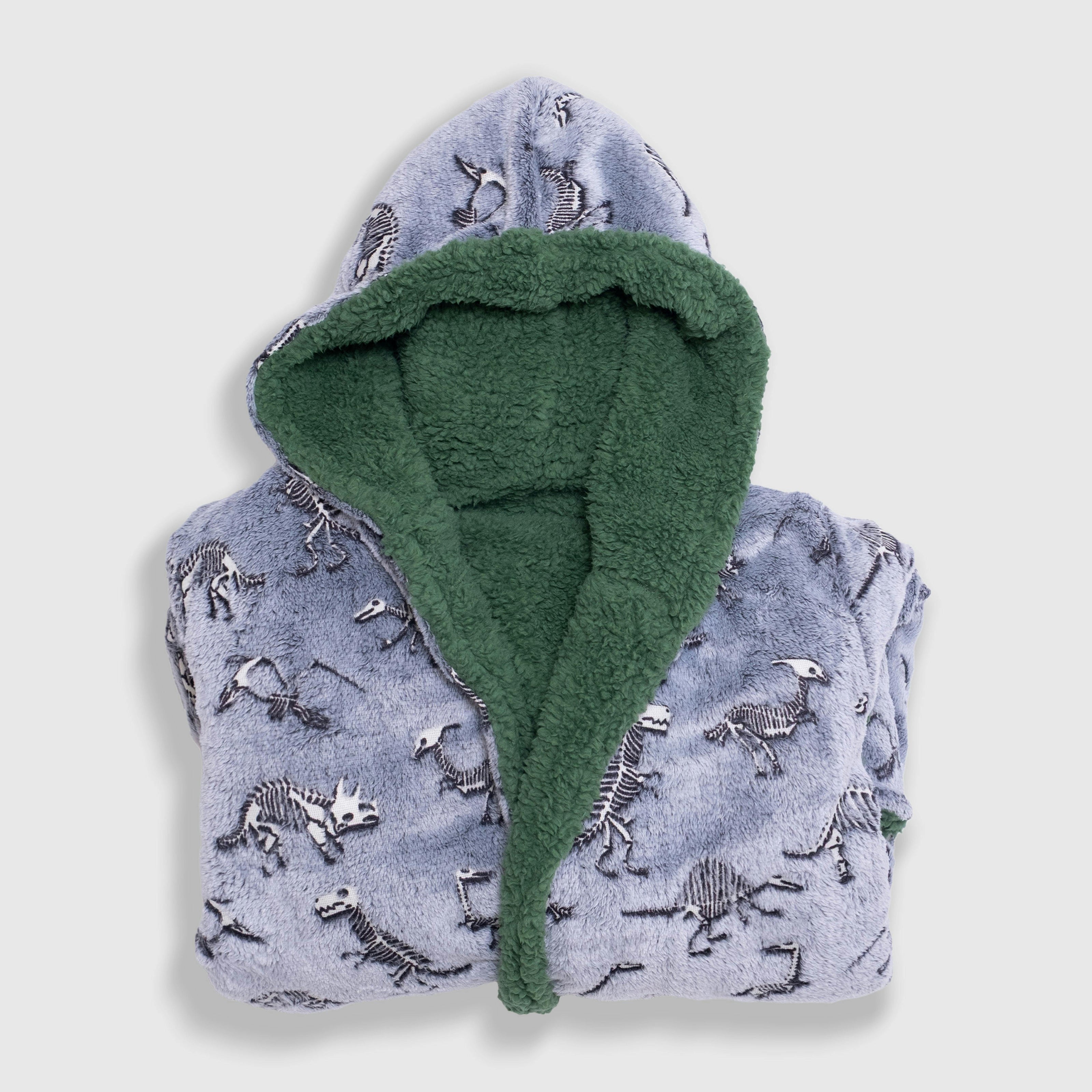 Cozy Switch Robe – Reversible Glow-in-the-Dark & Sherpa Robe for Kids, Green Dino Bones