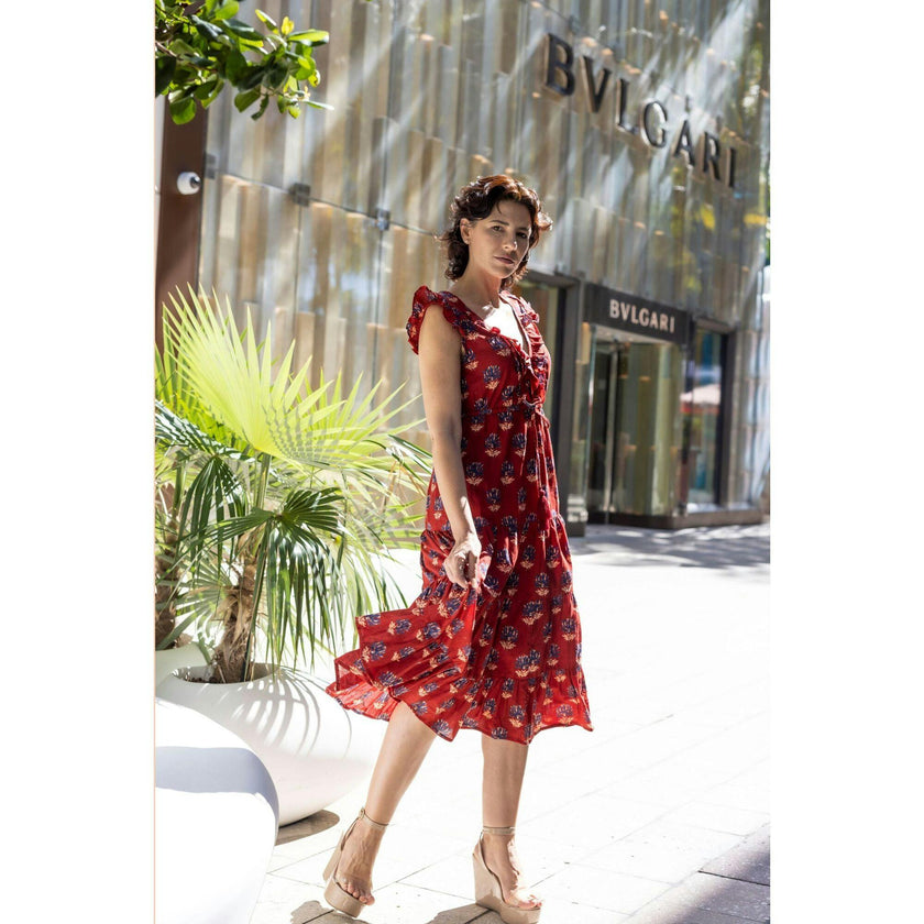 Women's Giselle Ruffle V-Neck Elastic Waist Flutter Sleeve Maxi Dress, Red