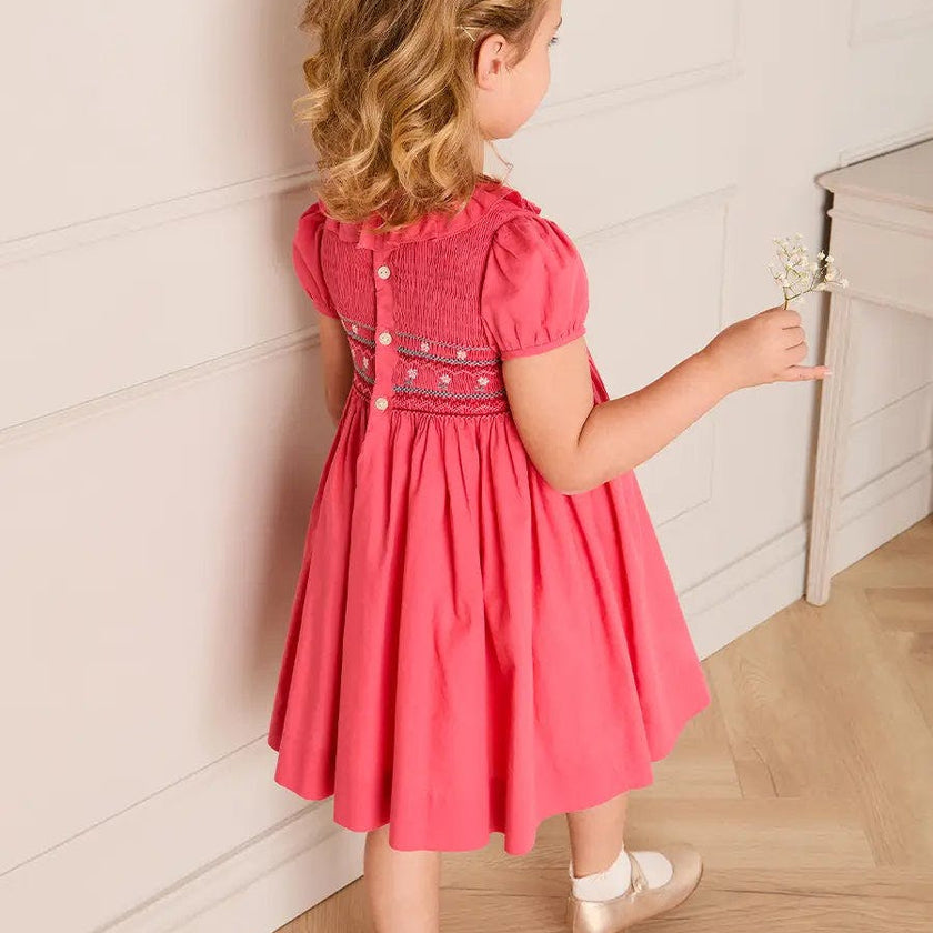 Hand Smocked Flower Embroidered Dress in Strawberry (12mths- 10yrs)