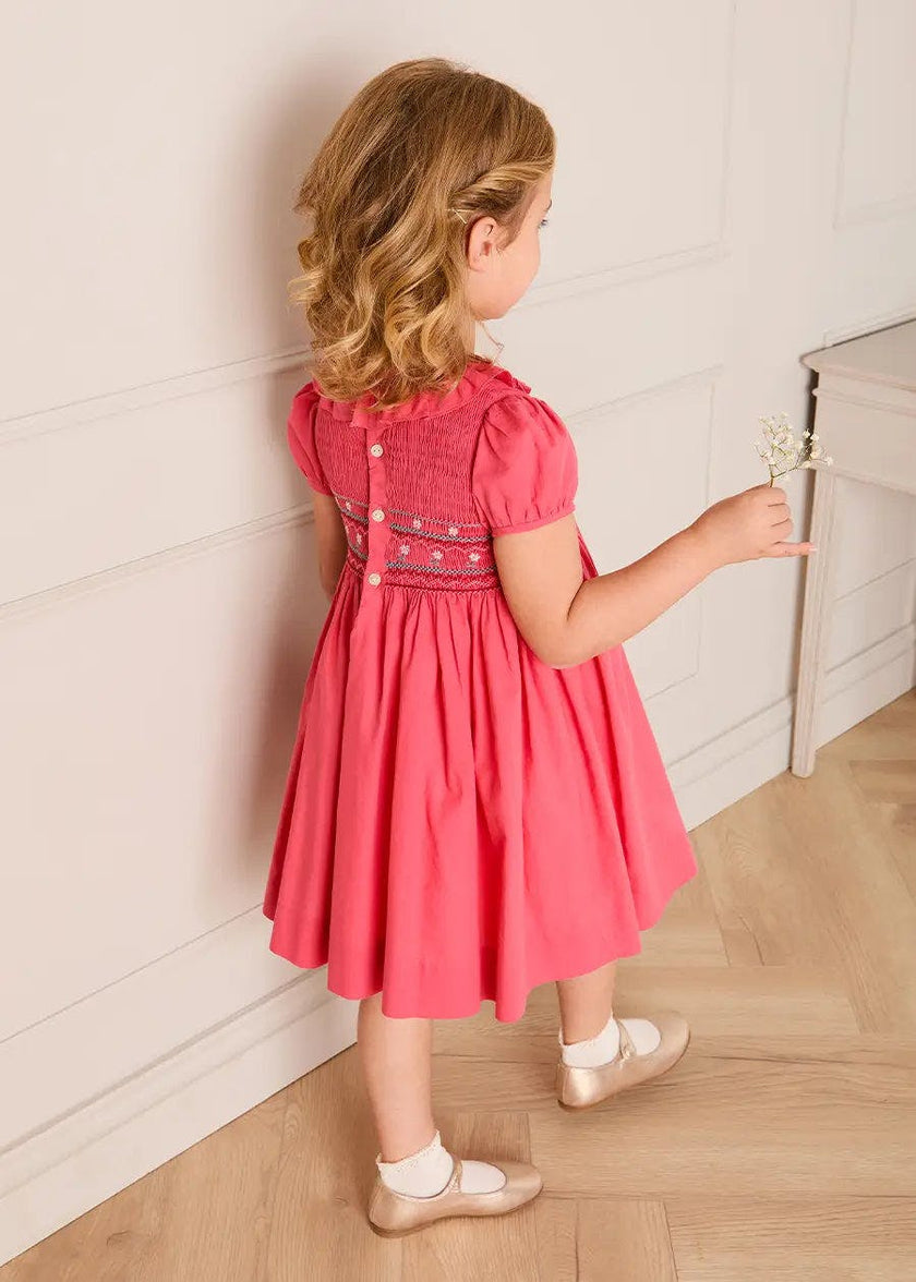Hand Smocked Flower Embroidered Dress in Strawberry (12mths- 10yrs)