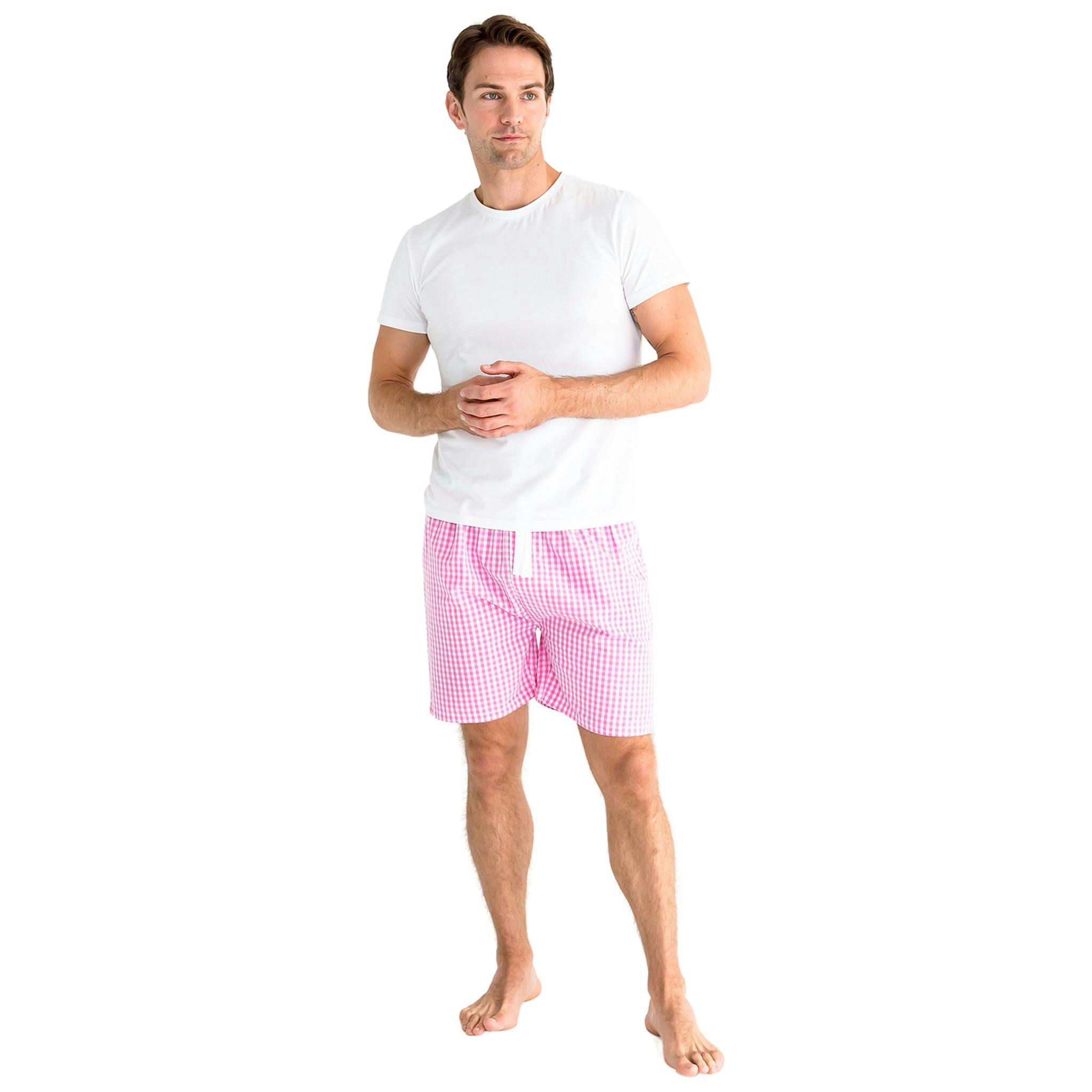 Men's Hepburn Gingham Pink Sleep Shorts - Organic Cotton Poplin
