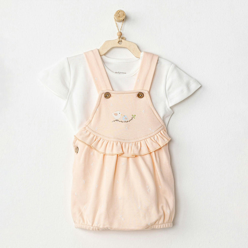 Pink Spring Birds Overalls Outfit