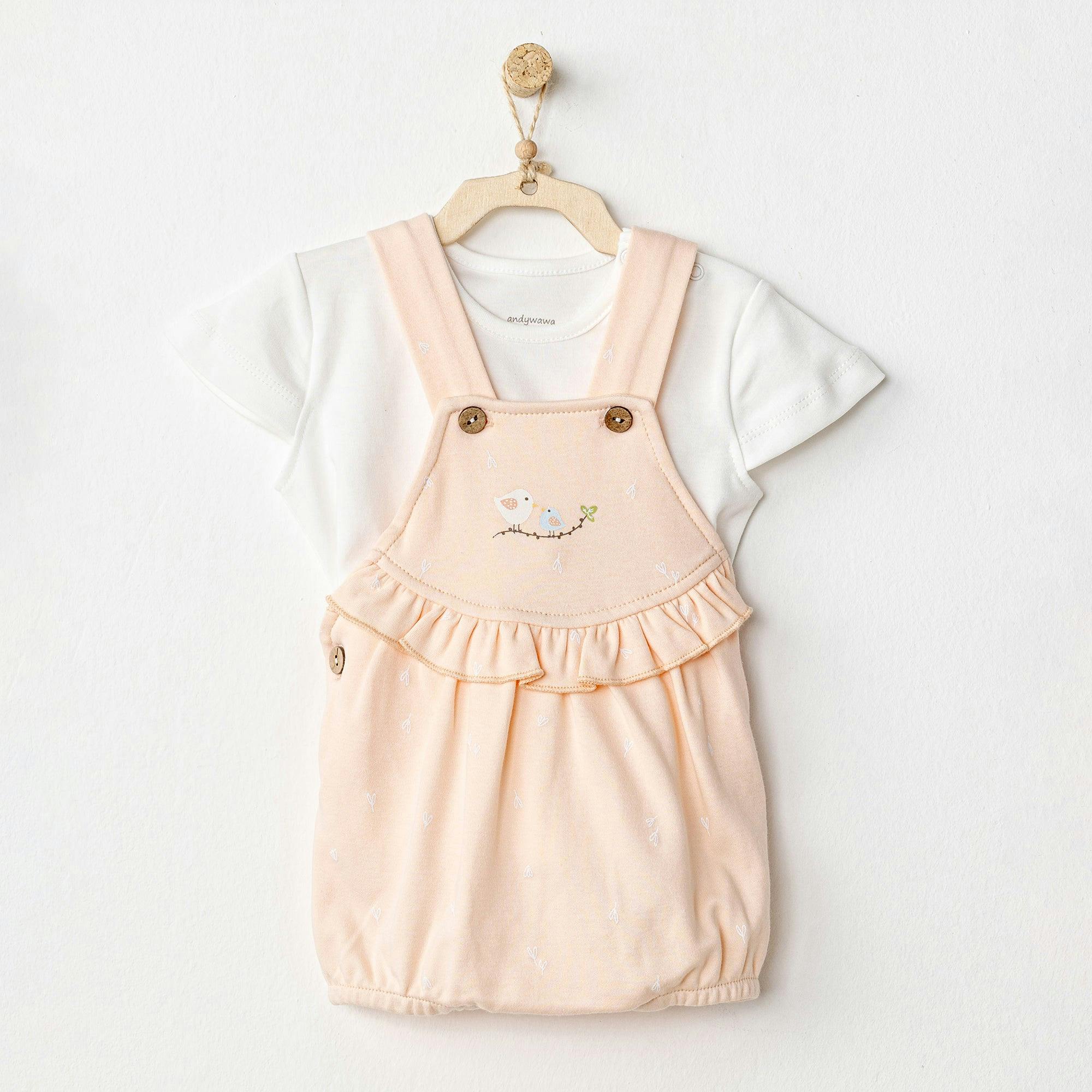 Pink Spring Birds Overalls Outfit