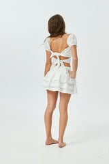 Gemma White Heart & Flower Eyelet With White Ribbon Smocked Ruffle Mini Skirt