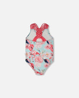 One-Piece Swimsuit Blue Flamingo Print