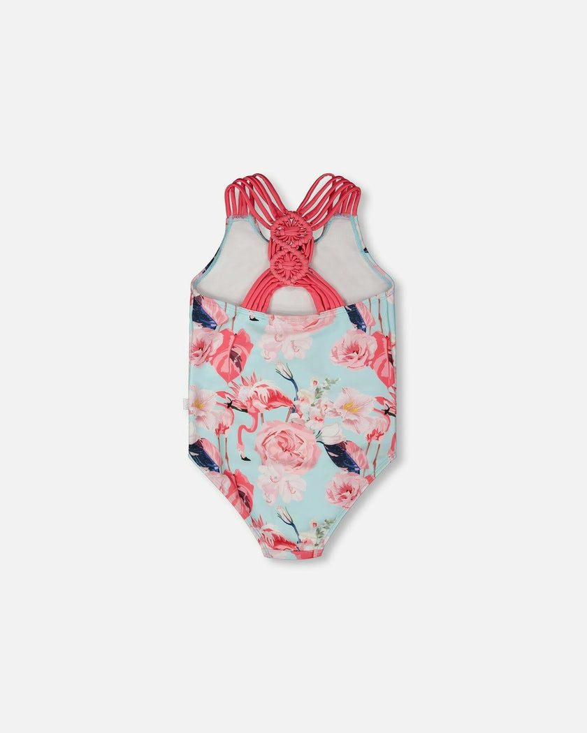 One-Piece Swimsuit Blue Flamingo Print