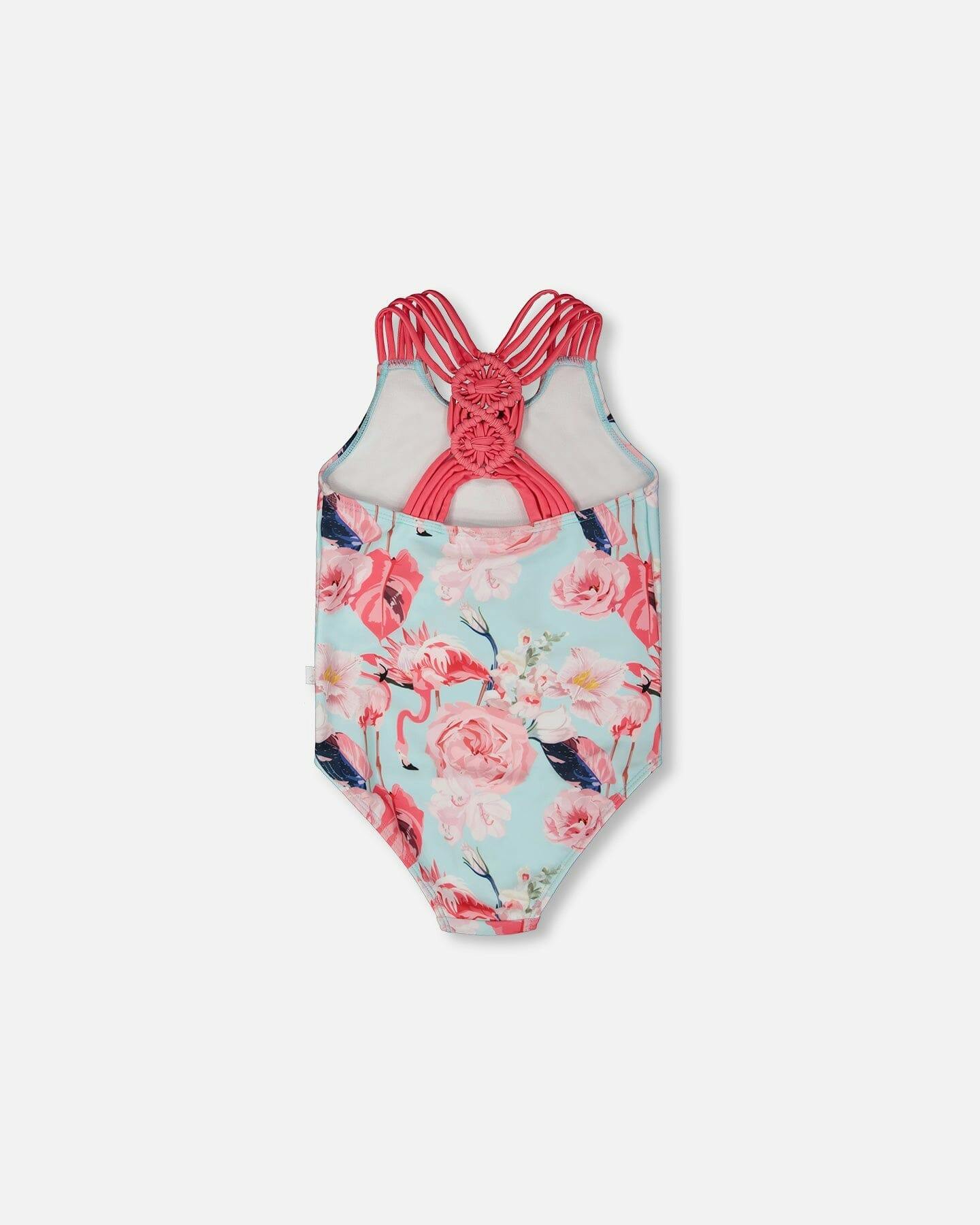 One-Piece Swimsuit Blue Flamingo Print