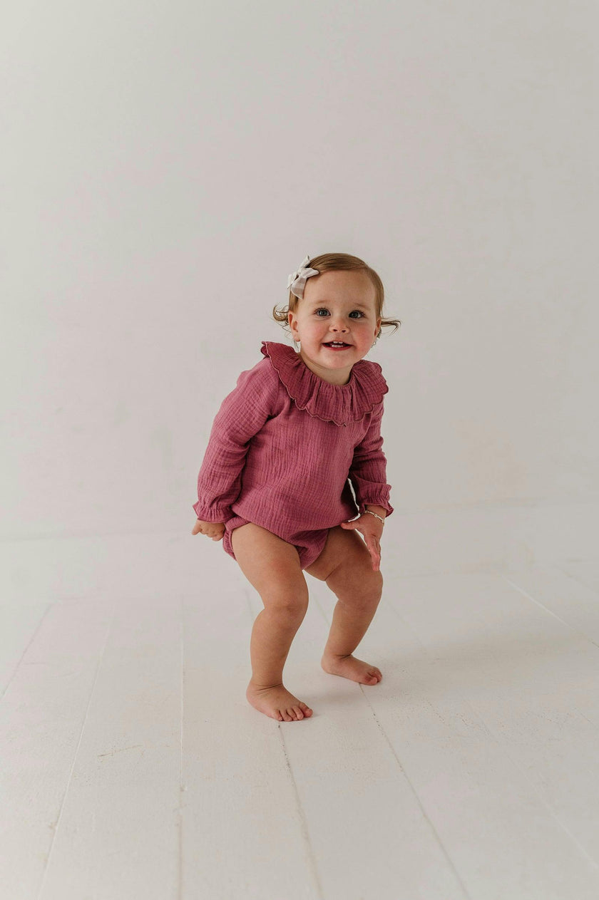 Girls Gauze Frill Neck Bodysuit in Mesa Rose