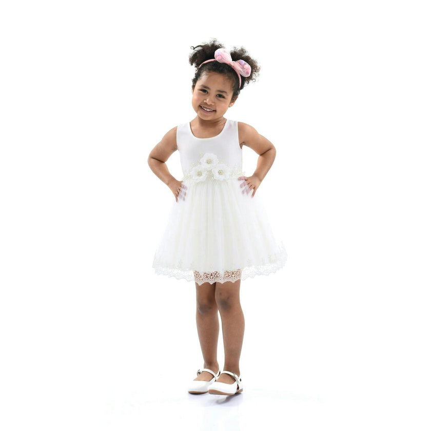 White Embroidered Blooming Bow Dress