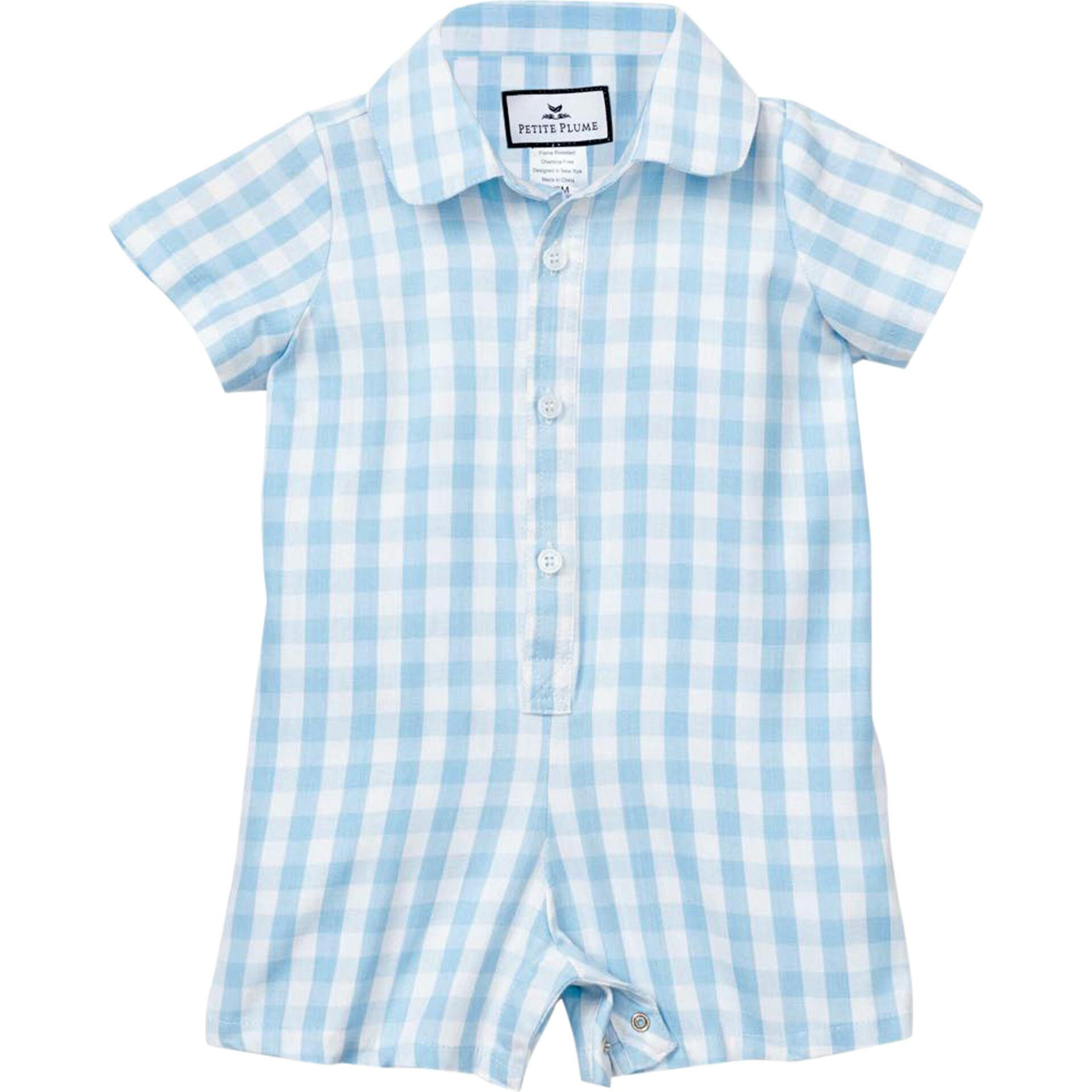 Baby's Twill Summer Romper in Light Blue Gingham