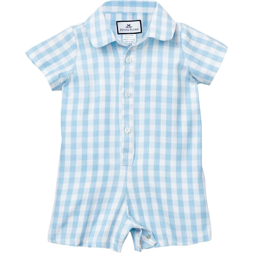 Baby's Twill Summer Romper in Light Blue Gingham