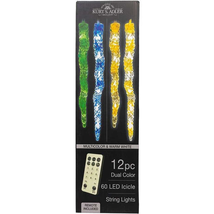 UL 60-Light Dual Color Multicolor/Warm White LED 12-Piece Icicle String Light Set