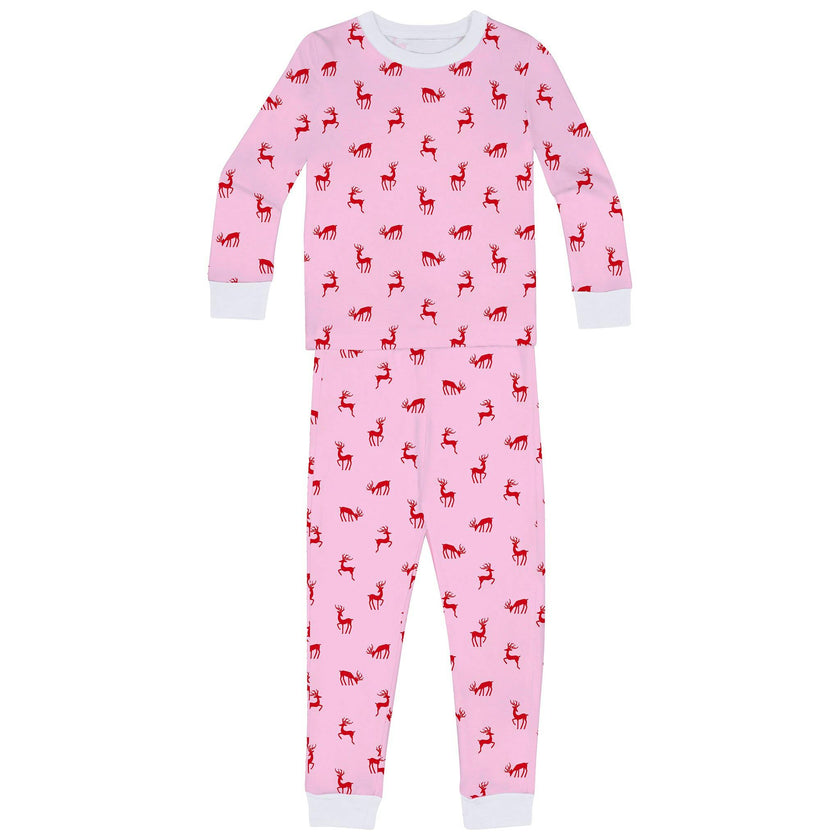 Kids Reindeer Pink Long PJ Set - Organic Stretch Jersey Knit Cotton