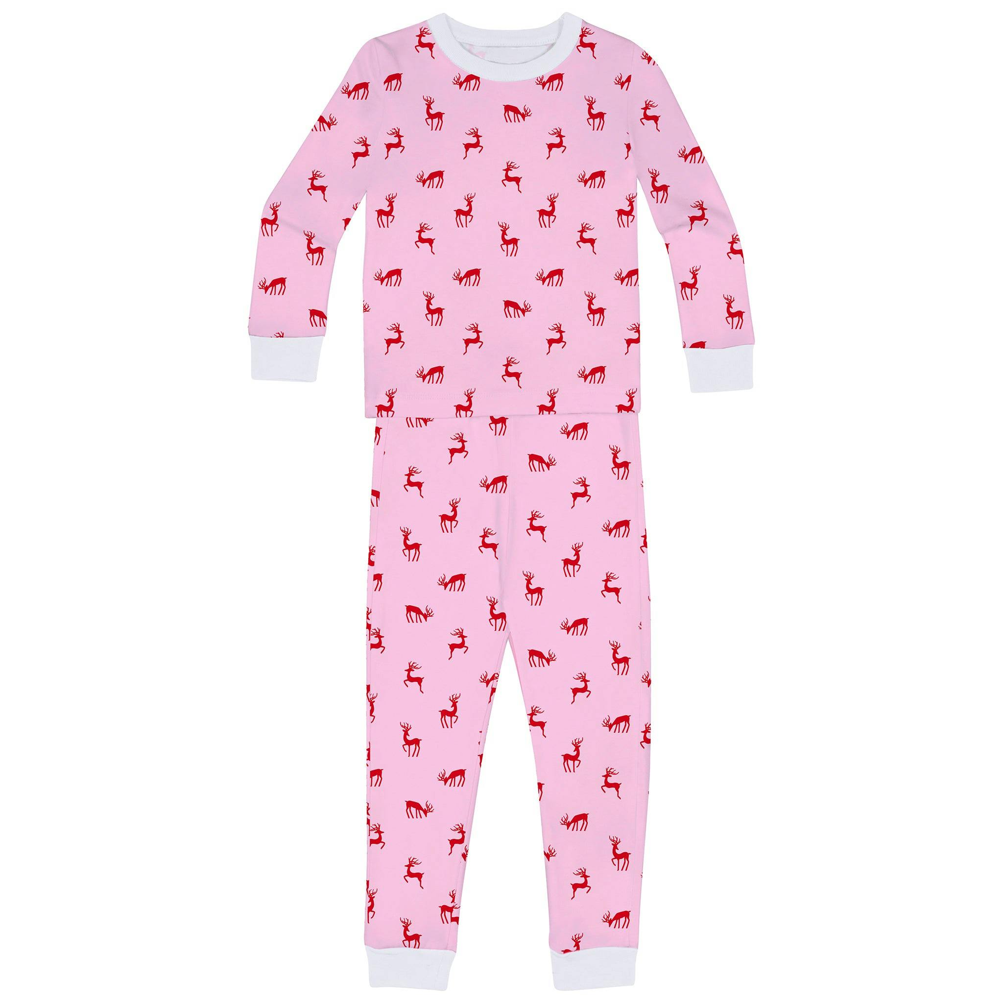 Kids Reindeer Pink Long PJ Set - Organic Stretch Jersey Knit Cotton