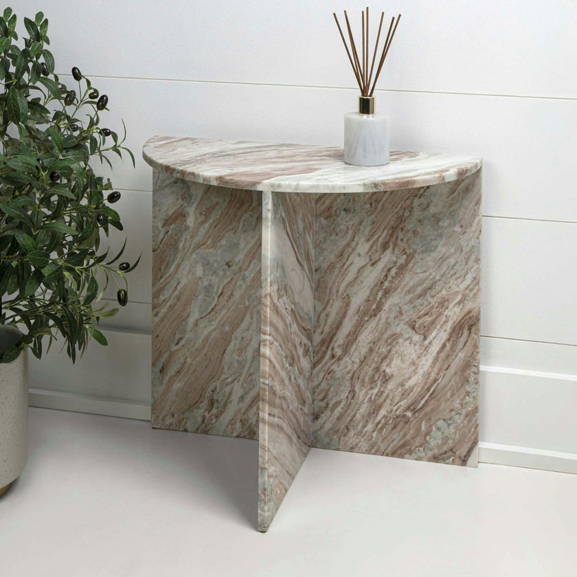 Patrice 20" Art Deco Minimalist Natural Marble Handmade Demilune Side Table