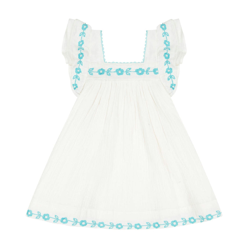Serena Girls Tassel Dress Aqua Floral Embroidery, Aqua Floral Embroidery