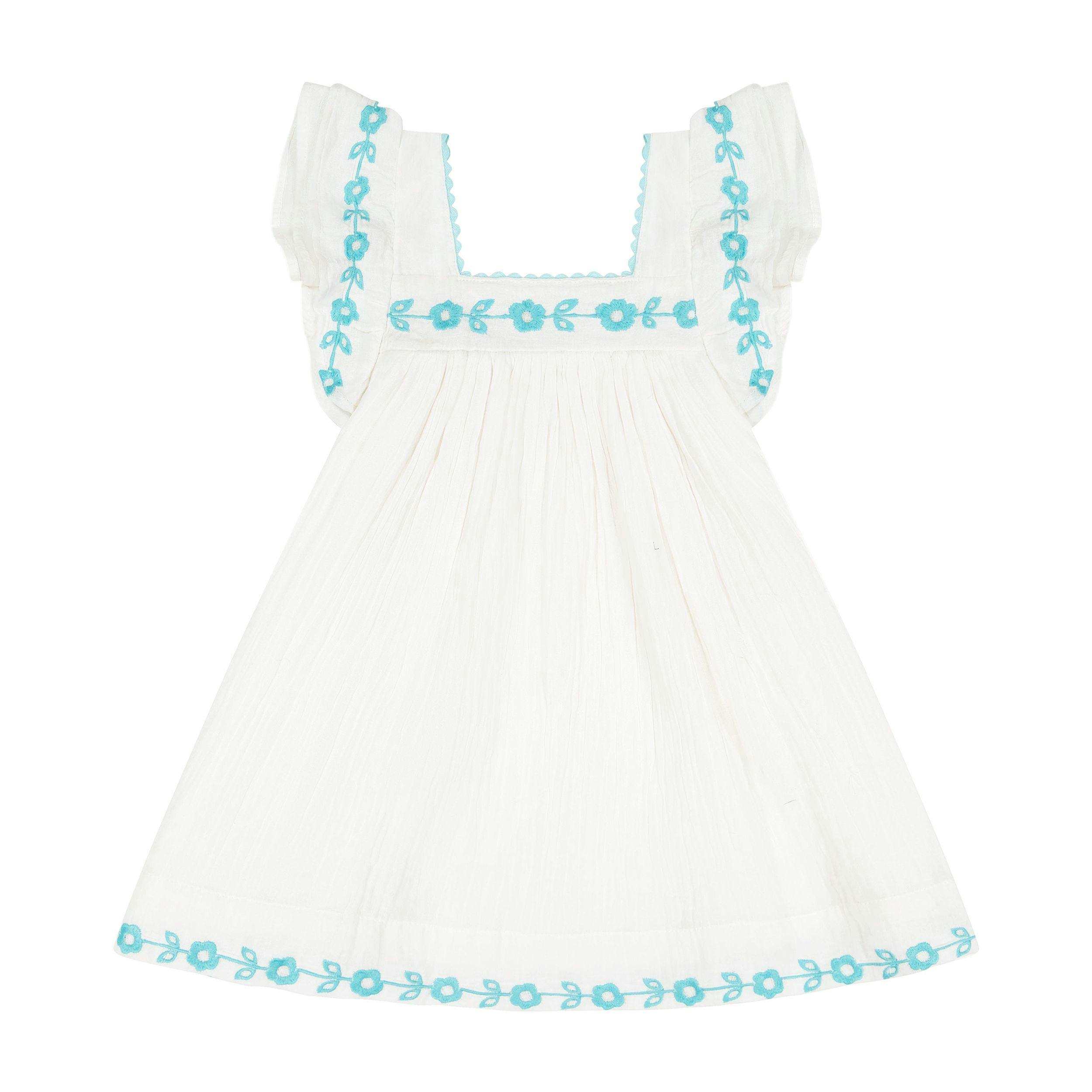 Serena Girls Tassel Dress Aqua Floral Embroidery, Aqua Floral Embroidery