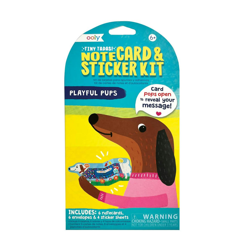 Tiny Tadas! Note Cards and Sticker Set - Playful Pups - 6 Cards Envelopes