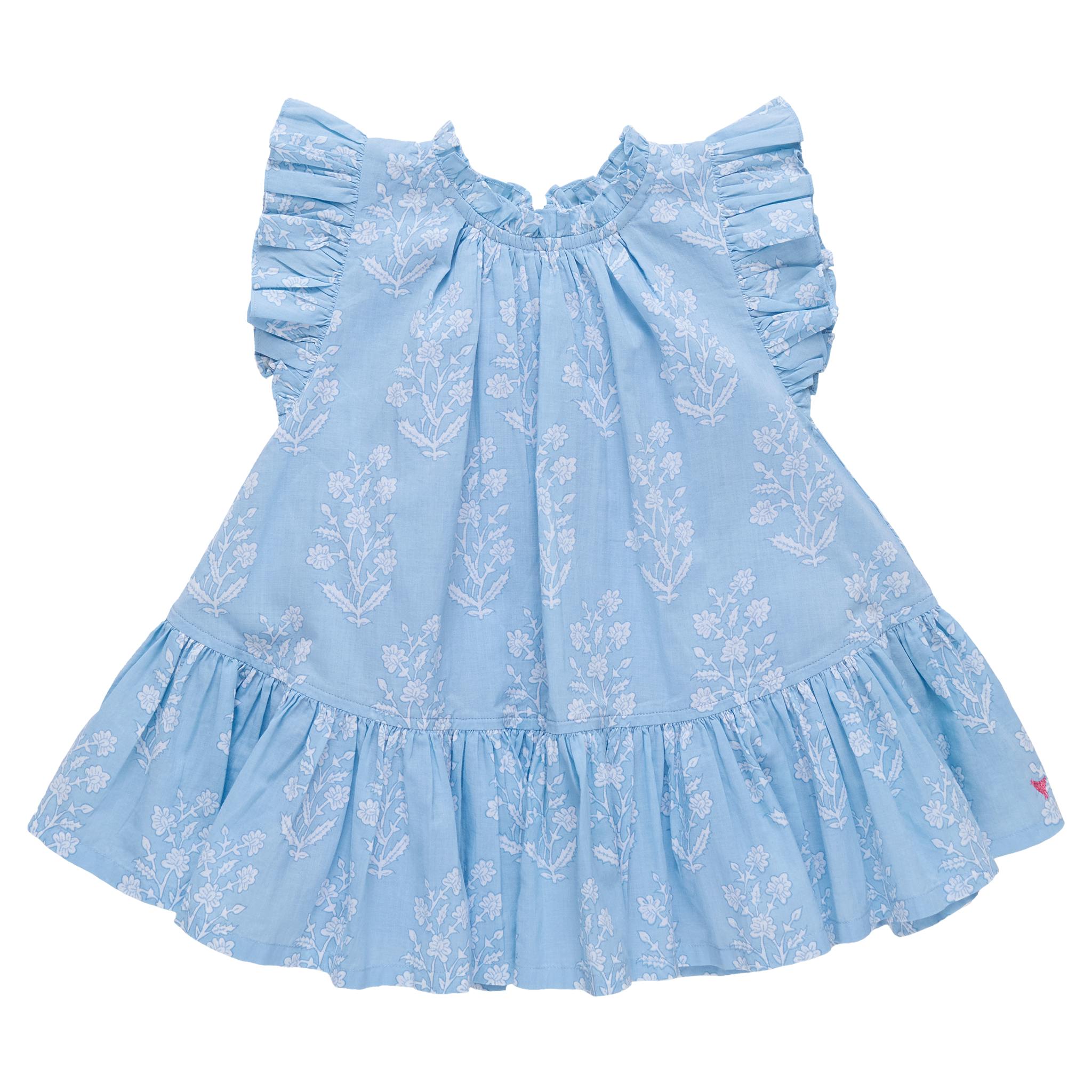 Girls Harper Dress - Blue Dewdrop Block Print