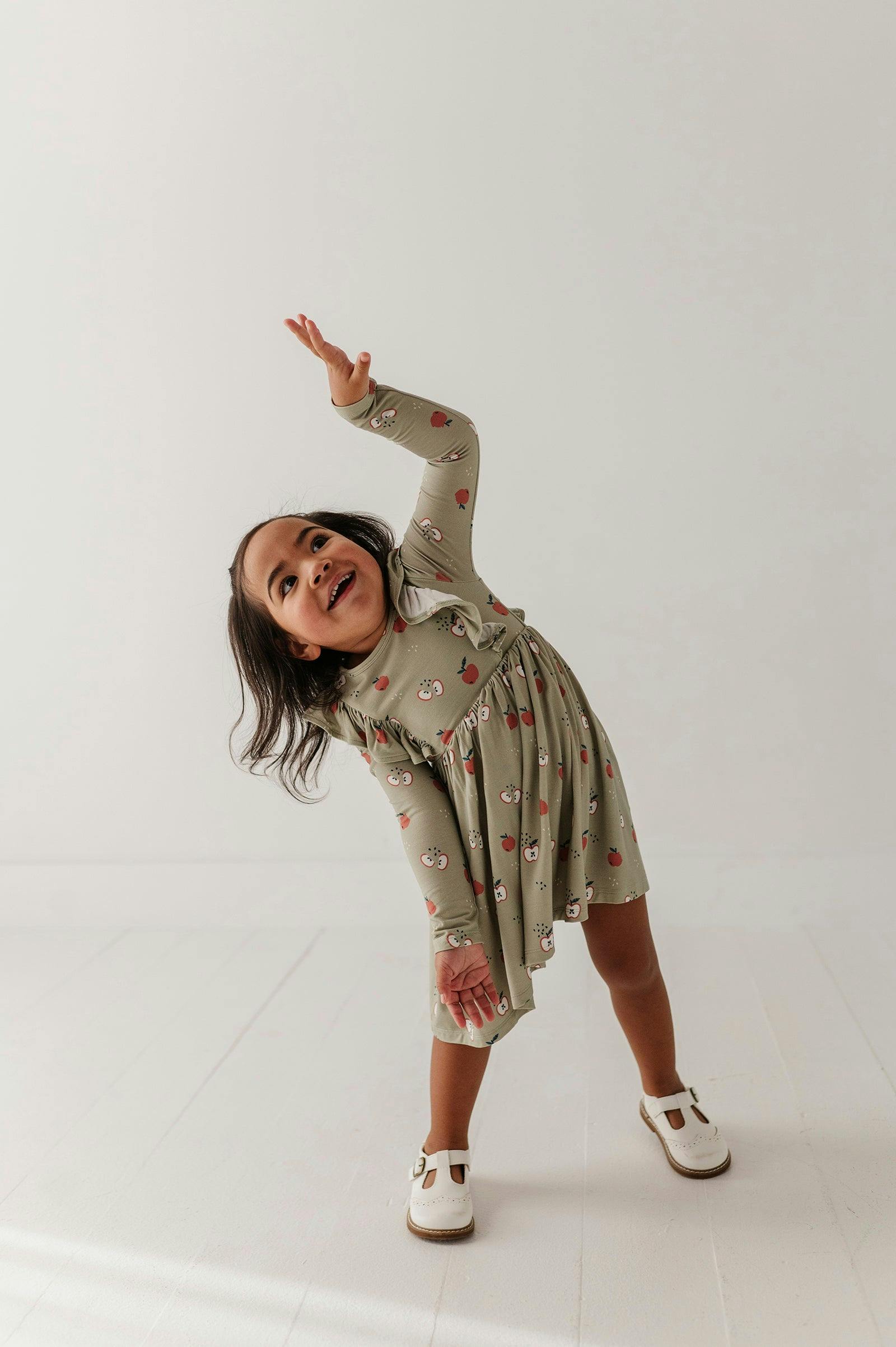 Girls Long Sleeve Ruffle Dress in Apple