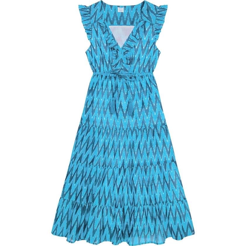 Women's Giselle Ikat V-Neck Ruffle Sleeve Maxi Dress, Turquoise