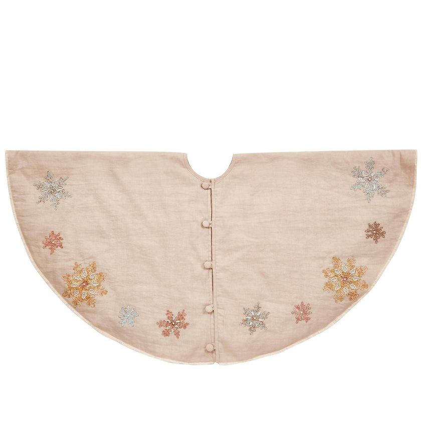 Handmade Pastel Snowflakes Linen Christmas Tree Skirt Natural 60"