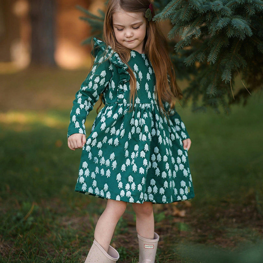 Recycled Cotton Snowy Pine Ruffle Dress