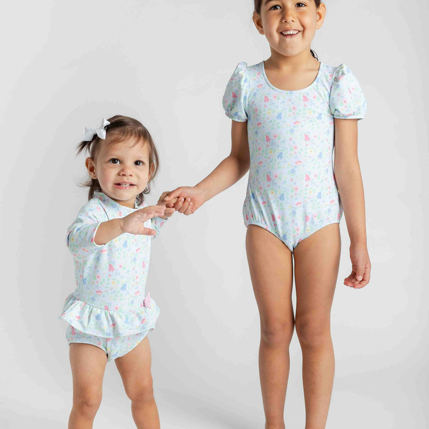 Floral Print One Piece Rashguard with Bow