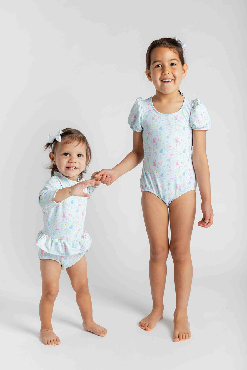 Floral Print One Piece Rashguard with Bow