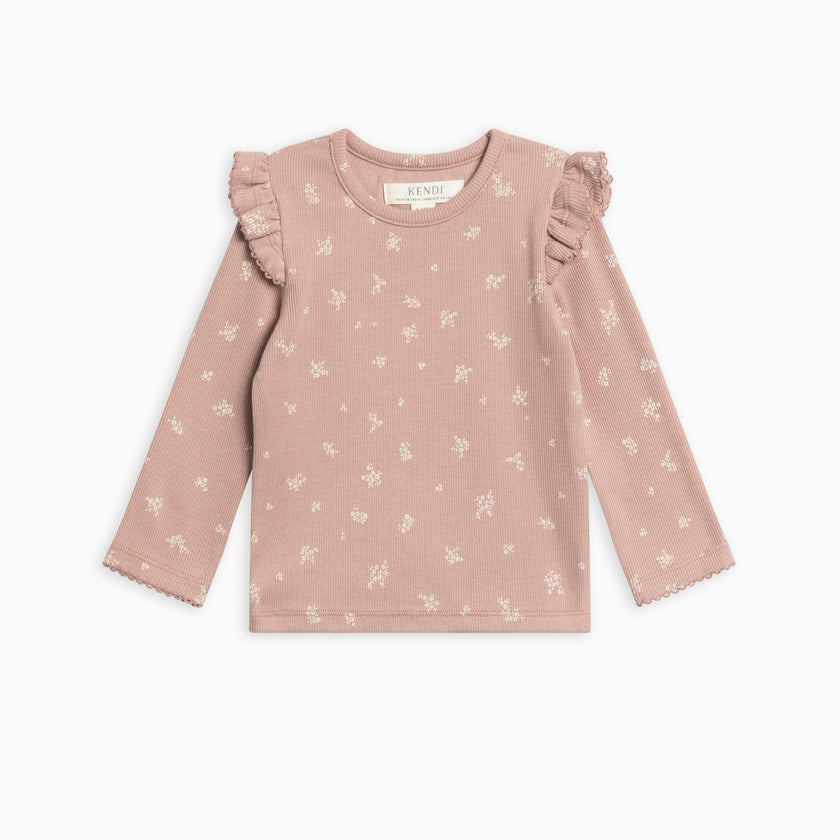 KENDI Rina Ribbed Ruffle Long Sleeve Top Amaya Floral / Mauve