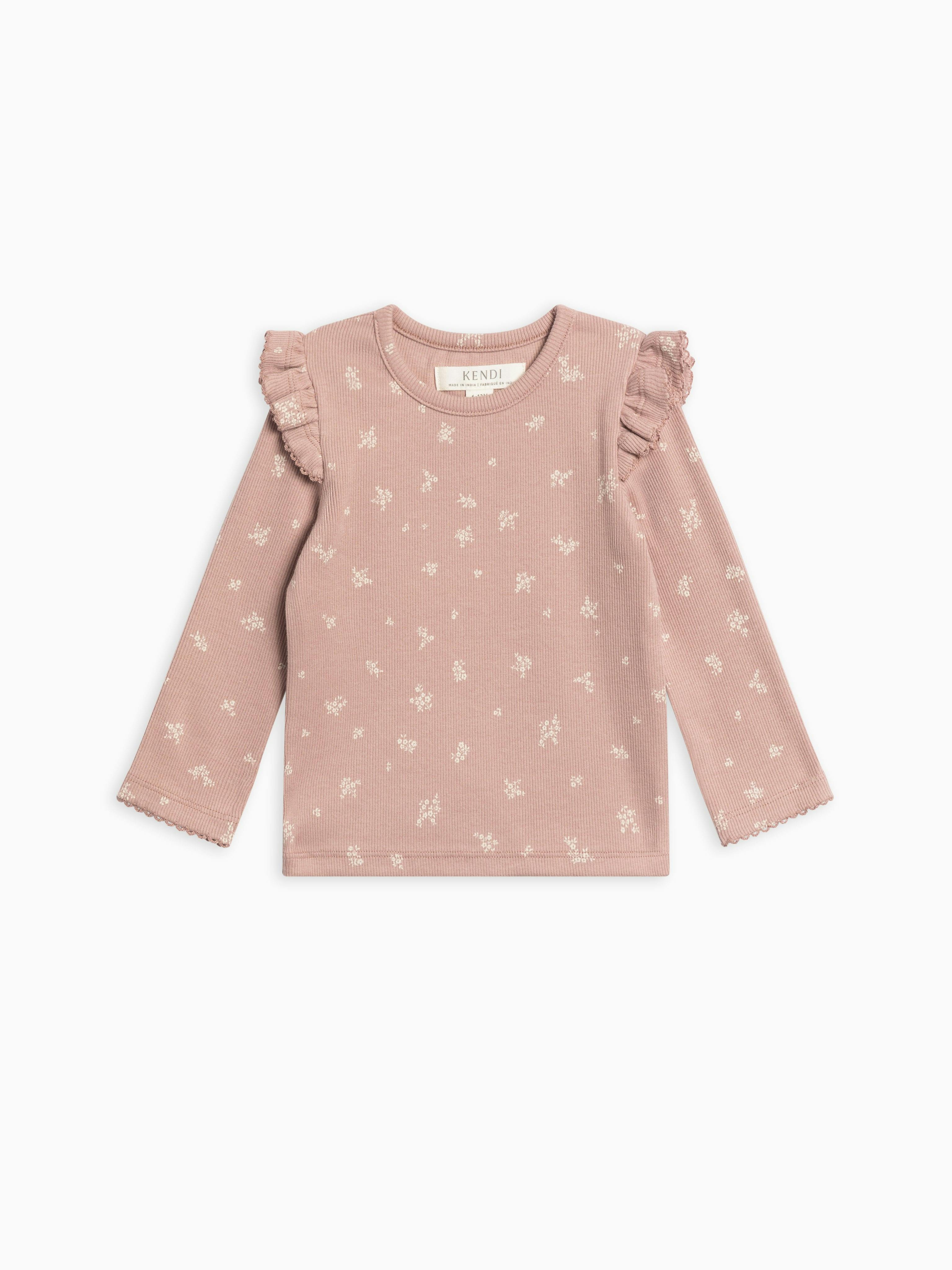 KENDI Rina Ribbed Ruffle Long Sleeve Top Amaya Floral / Mauve