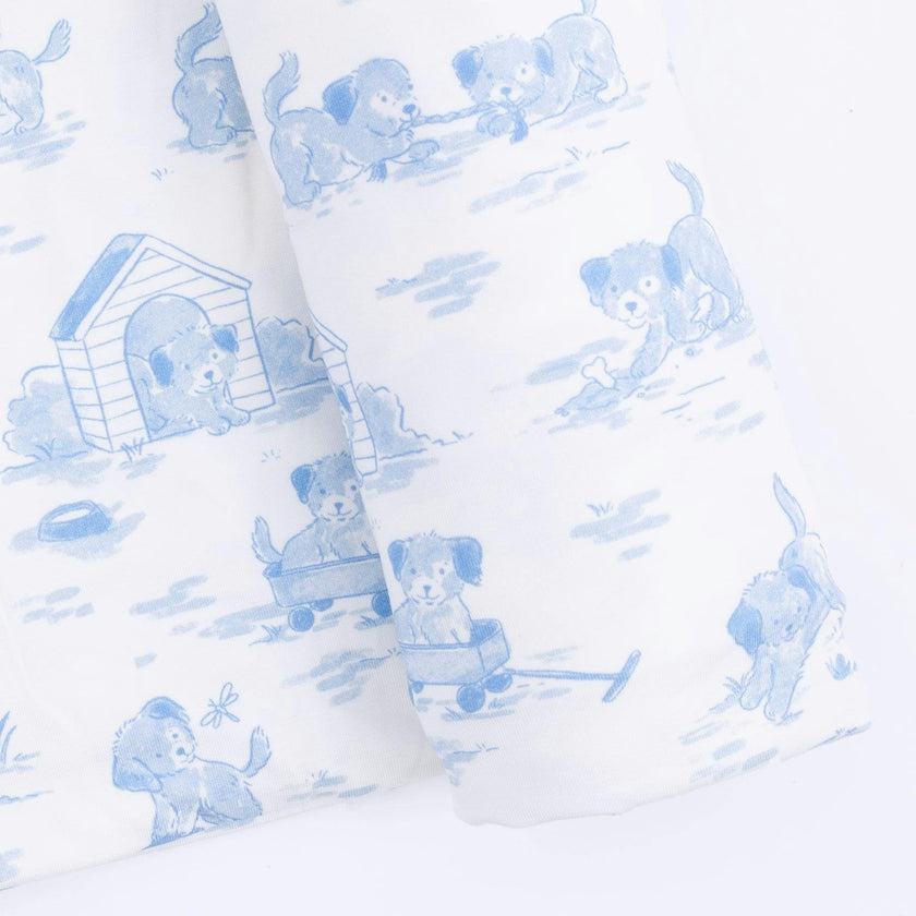 Puppy Toile Blue -  2 Way Zipper Footie, Swaddle  & Bandana Bib Set