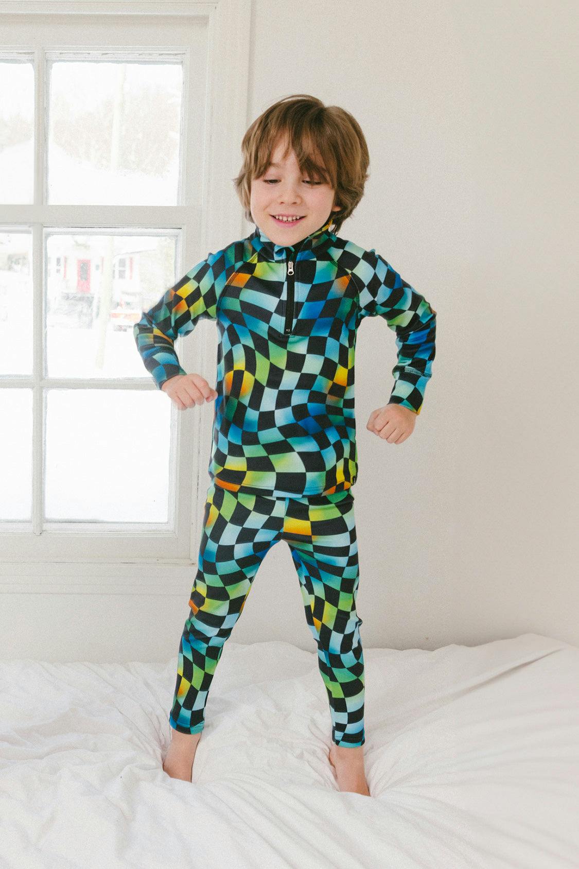 Two Piece Thermal Underwear Blue Checkered Print