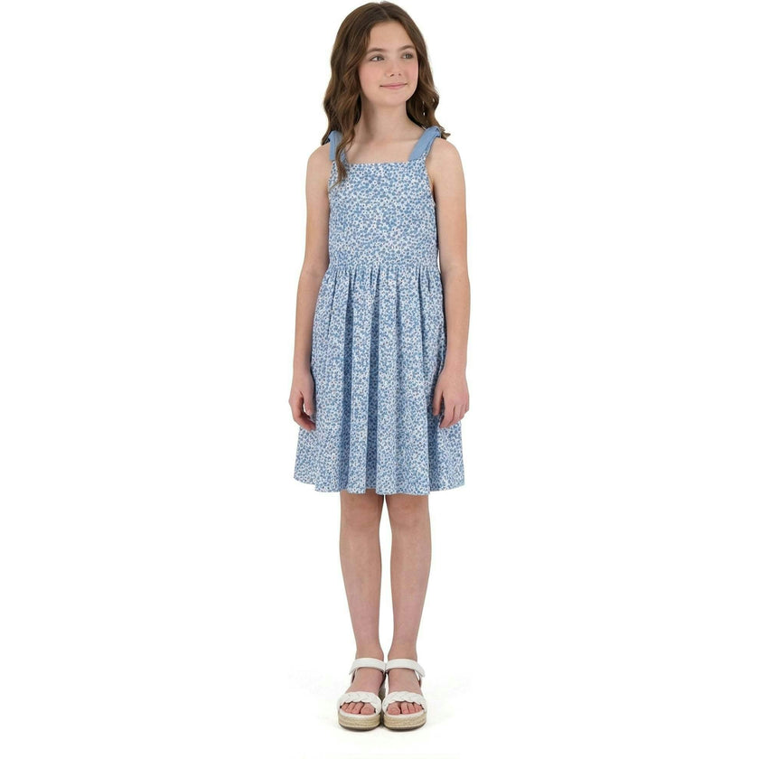 Tween Girls Floral Printed Dress W. Back Cutout | Blue Floral
