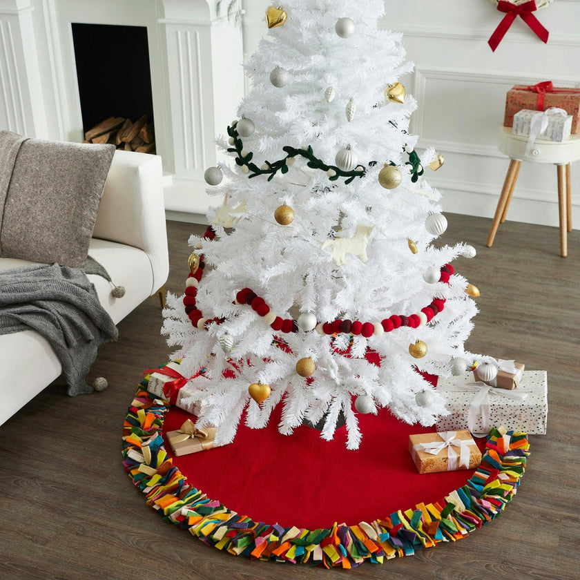 Handmade Felt Multicolor Fringe Border Red Wool Christmas Tree Skirt