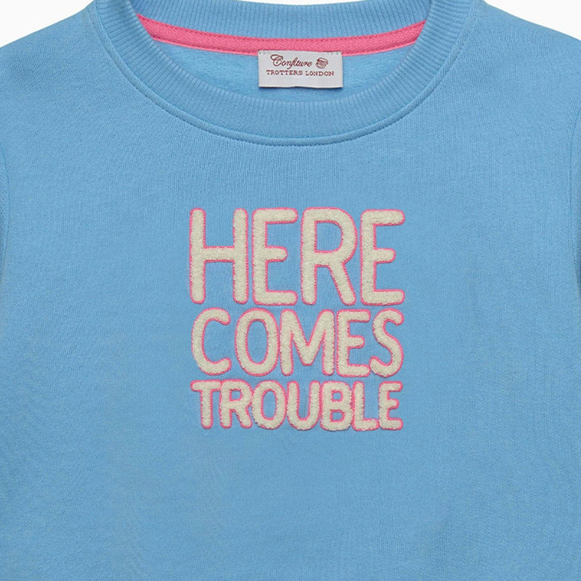 Women's Here Comes Trouble Sweatshirt in Blue/Pink