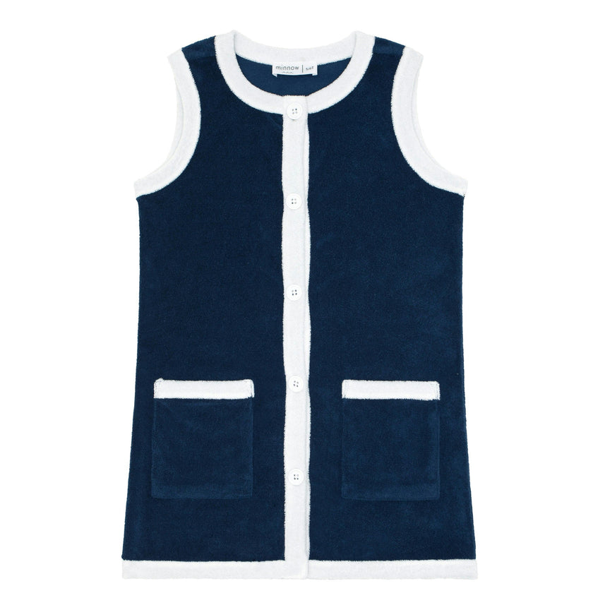 Girls Navy French Terry Sleeveless Button Down Dress