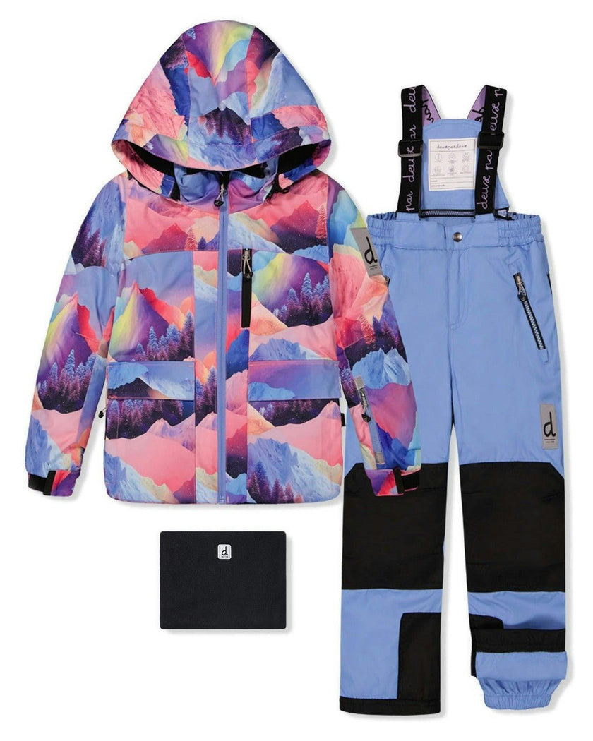 Two Piece Play Snowsuit Pink Mountain Print With Blue Pants