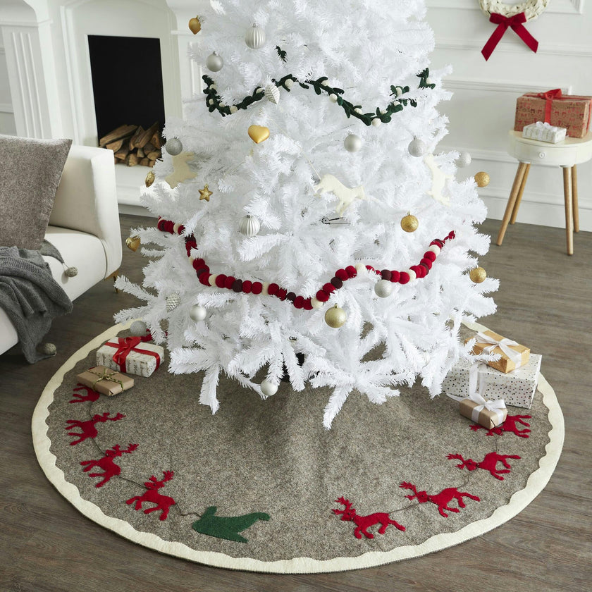 Hand Felted Wool Reindeer and Sleigh Christmas Tree Skirt