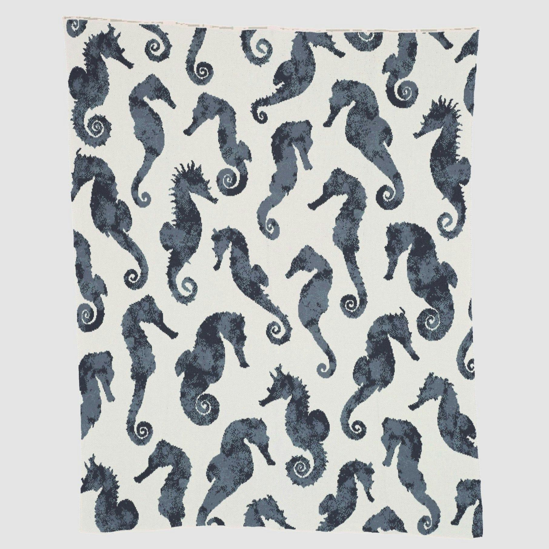 Cotton Sustainable Knit Throw Blanket | Coastal - Seahorse Watercolor