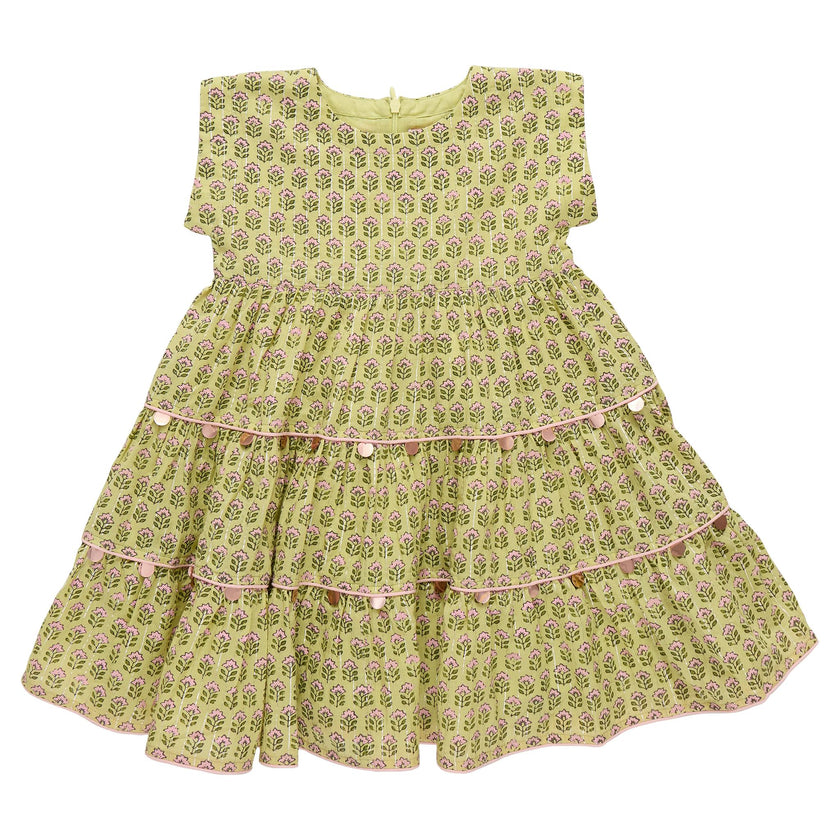 Girls Peachy Dress - Green Prairie Block Print