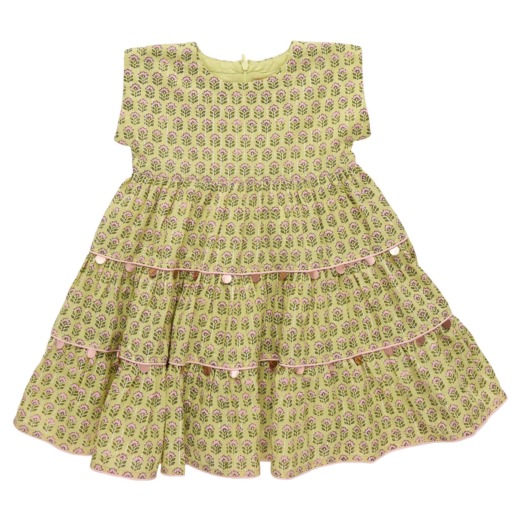 Girls Peachy Dress - Green Prairie Block Print