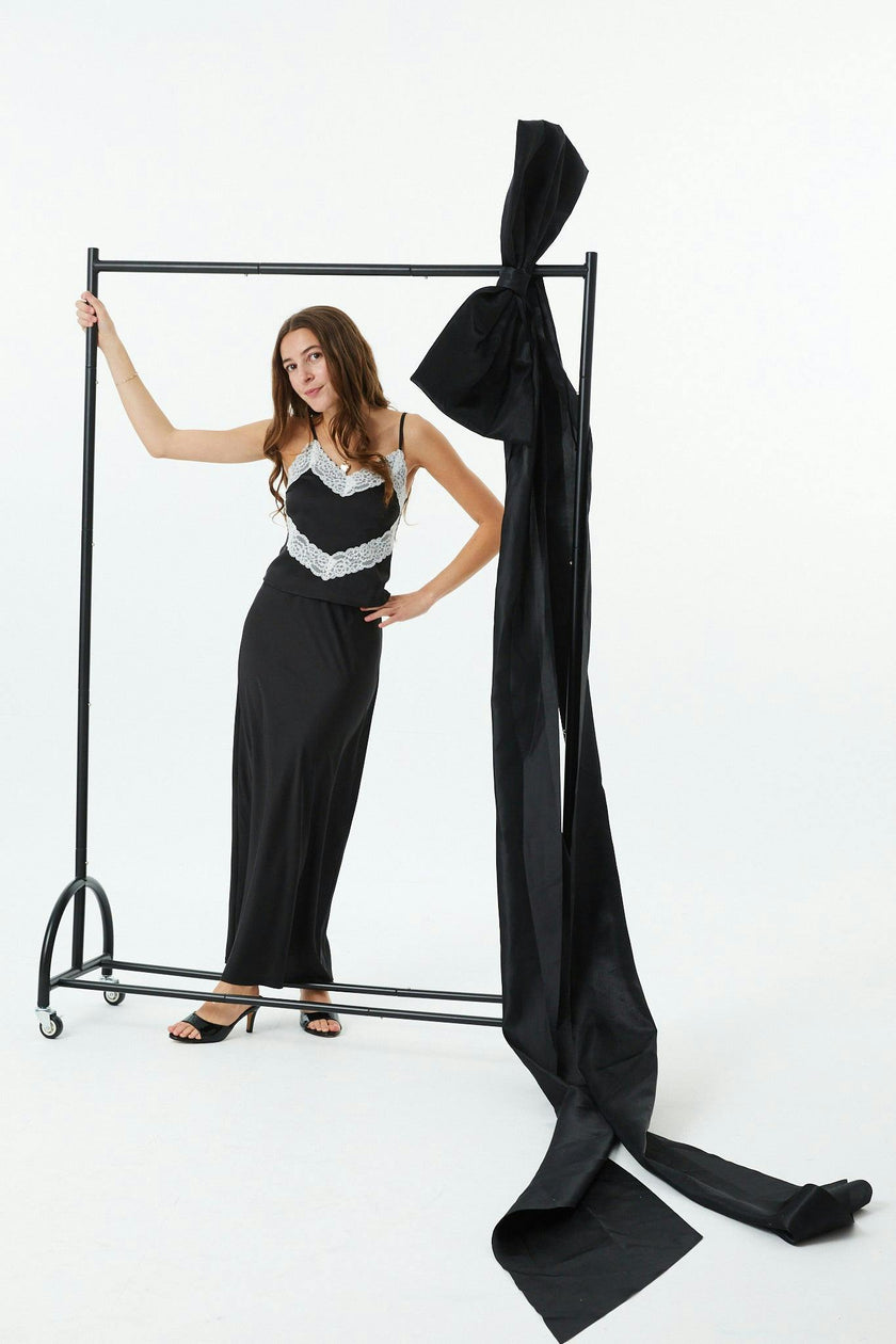 Margot Black With Cream Lace Satin Tank With Lace Trim