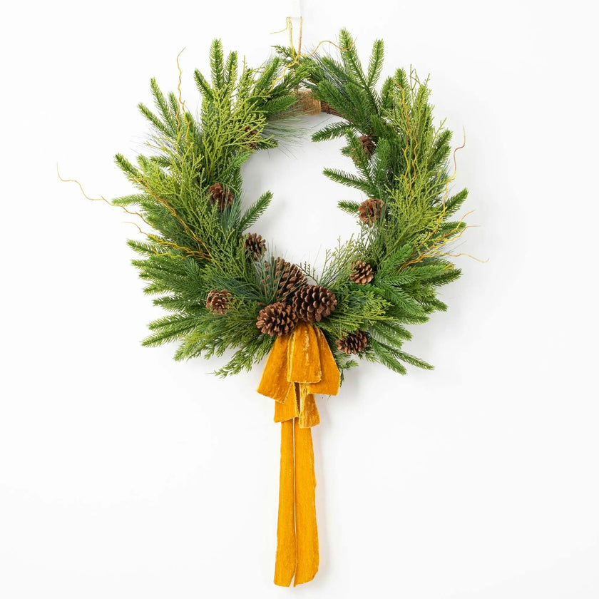 Evergreen Forest Mixed Greens & Pine Cone Holiday Winter Front Door Crest Christmas Wreath with Gold Velvet Bow