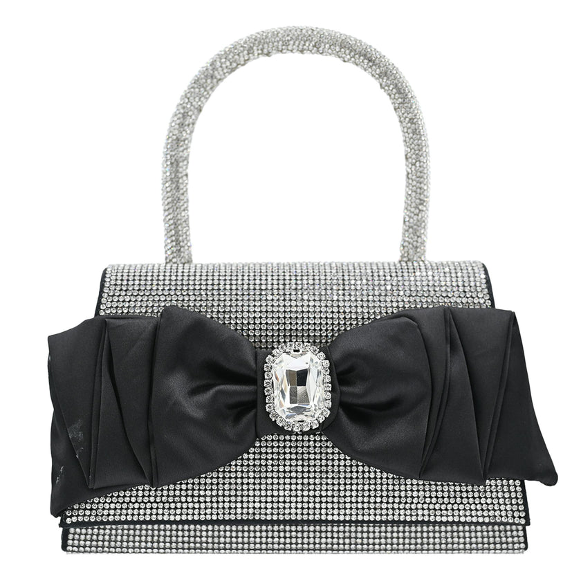 Black Bow Accented Silver Rhinestone Handbag