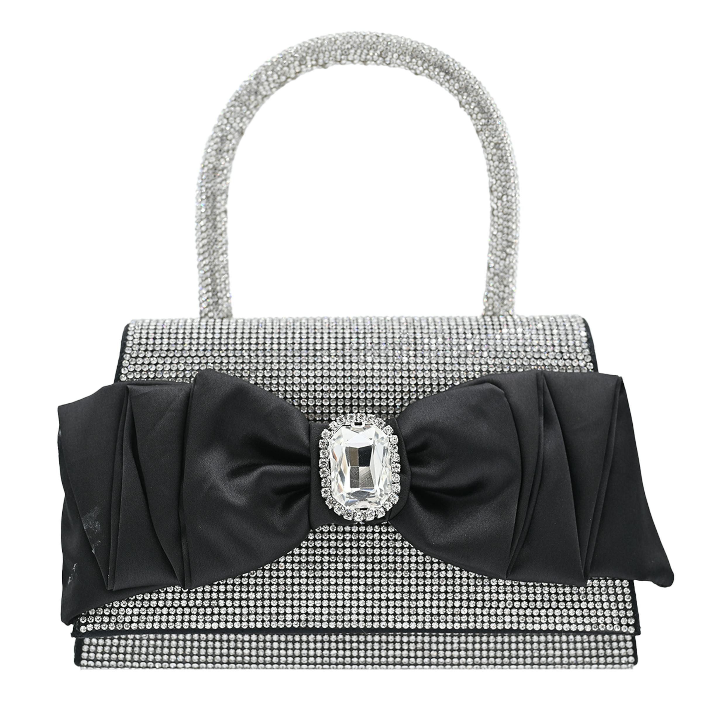 Black Bow Accented Silver Rhinestone Handbag