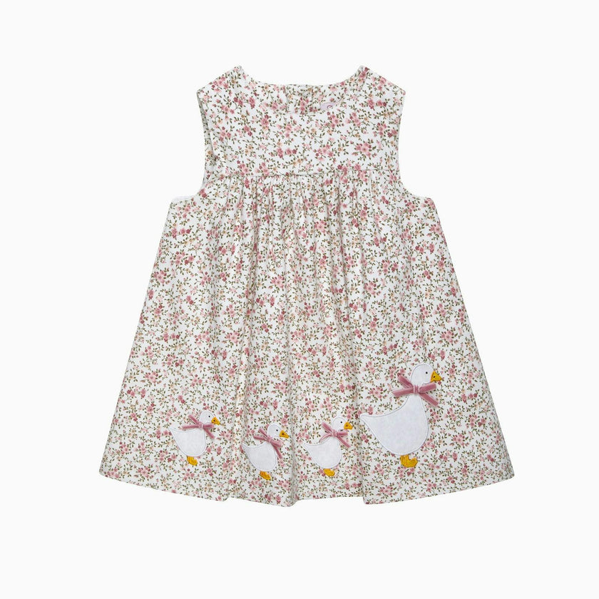Baby Cord Ditsy Floral Duck Pinafore in Pink