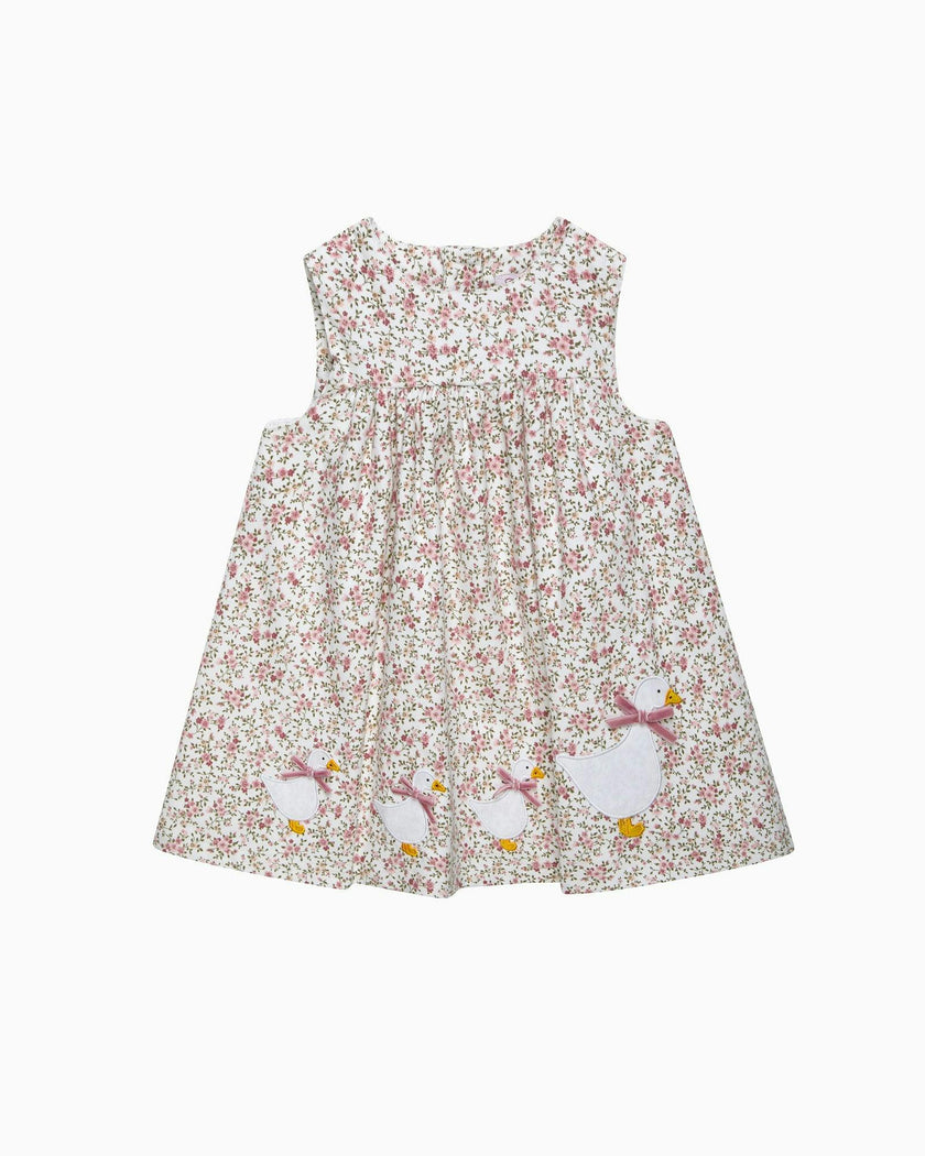Baby Cord Ditsy Floral Duck Pinafore in Pink