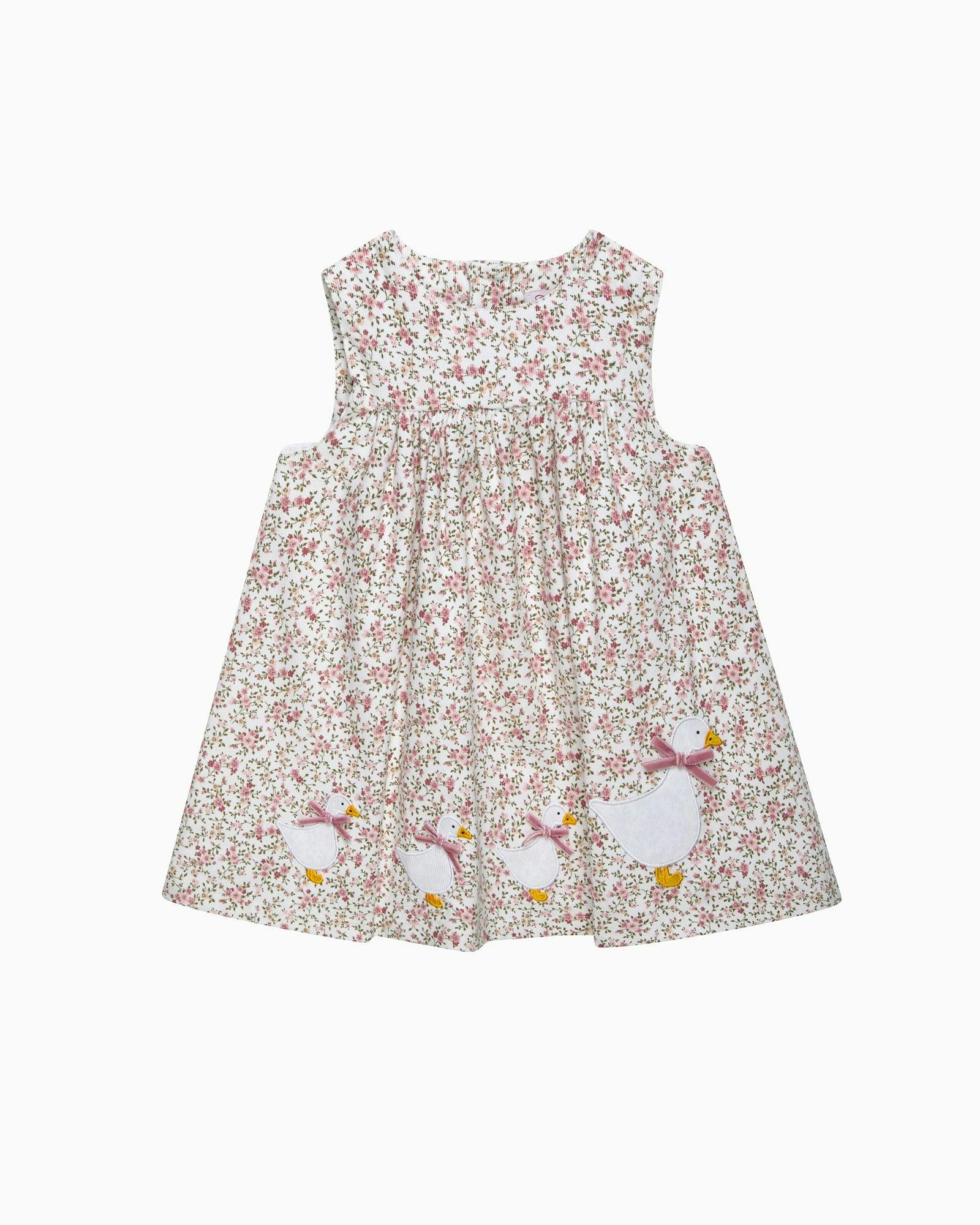 Baby Cord Ditsy Floral Duck Pinafore in Pink