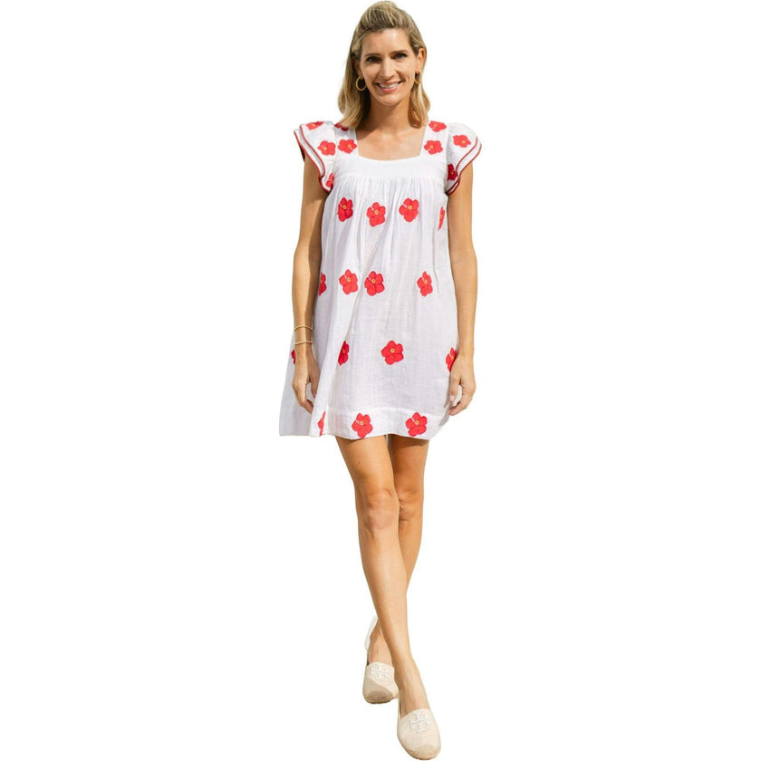 Women's Square Neck Embroidered Short Sleeve Mini Dress, Pink